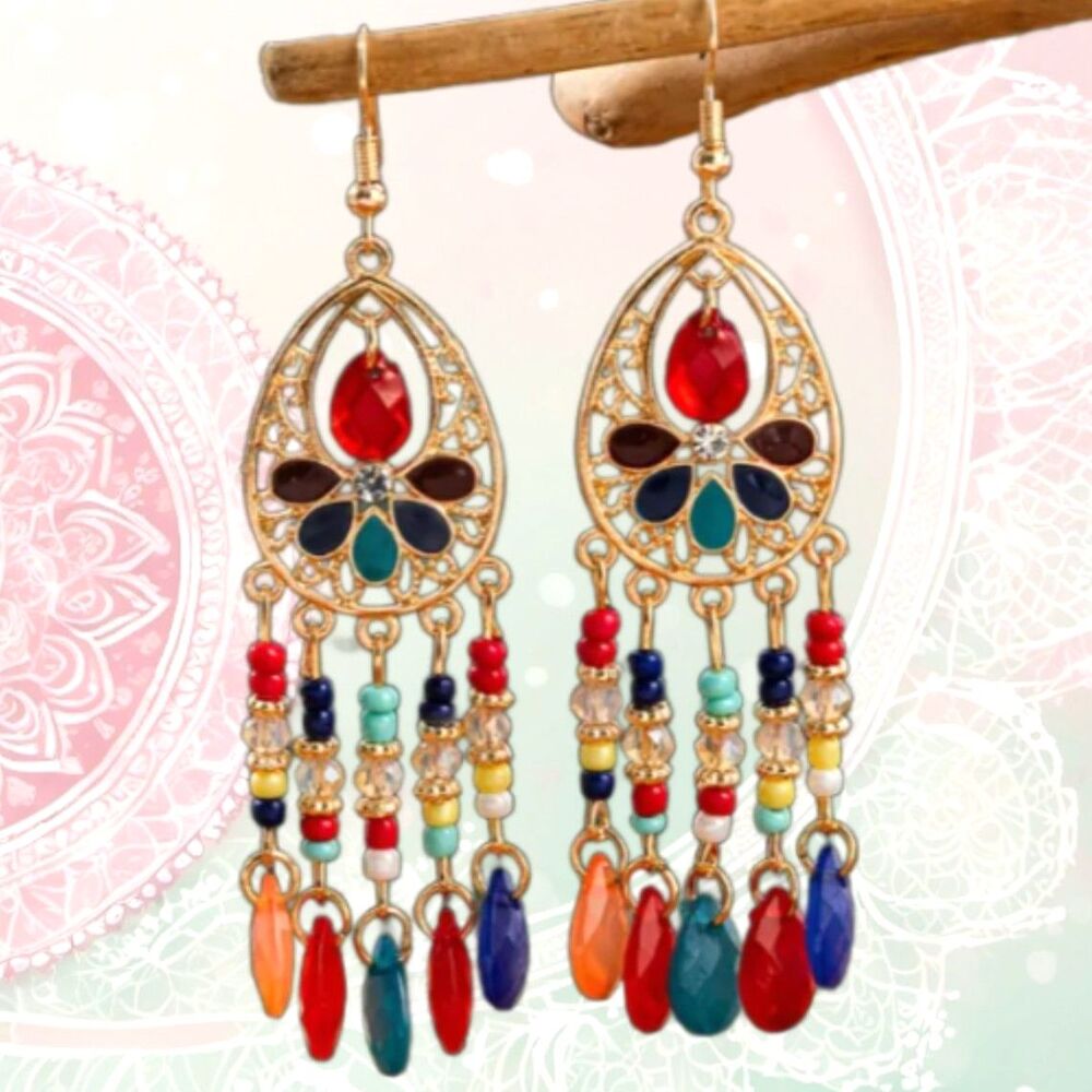 Boho Dangle Bead Earrings 3.5" Multicolor